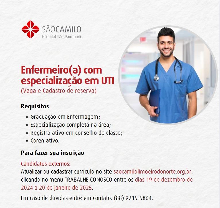 VAGA E CADASTRO RESERVA: ENFERMEIRO(A) COM ESPECIALIZAÇÃO EM UTI