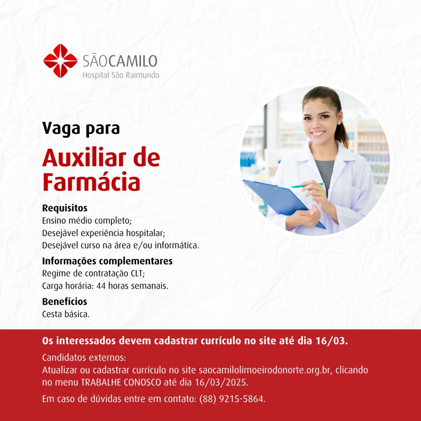 VAGA PARA AUXILIAR DE FARMÁCIA