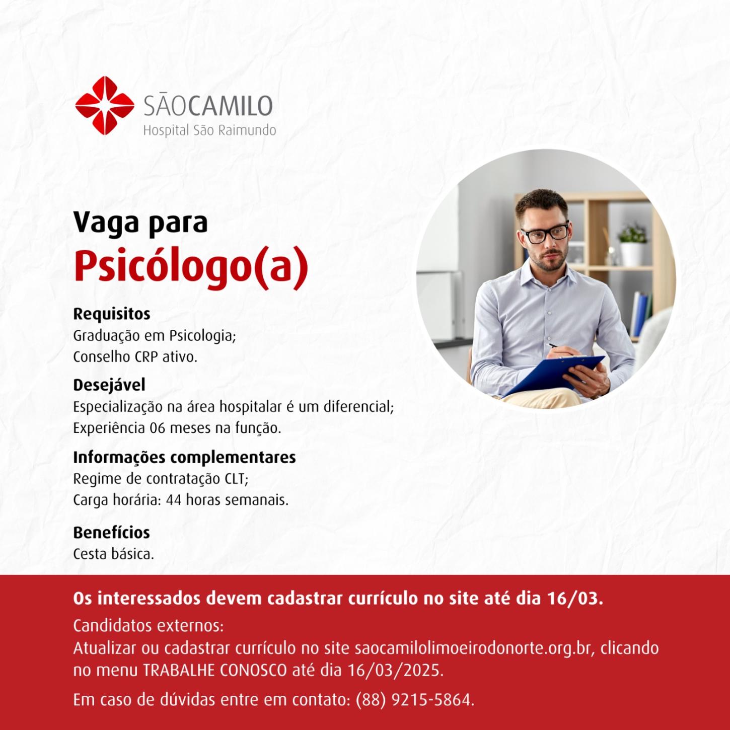 VAGA PARA PSICÓLOGO(A) HOSPITALAR