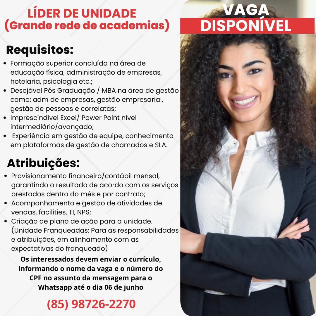 VAGA PARA LÍDER DE UNIDADE (Grande rede de academias)