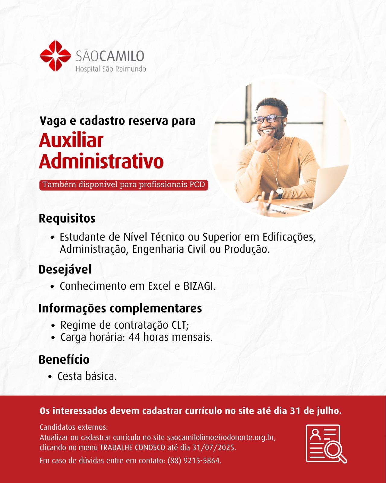 VAGA E CADASTRO RESERVA PARA AUXILIAR ADMINISTRATIVO
