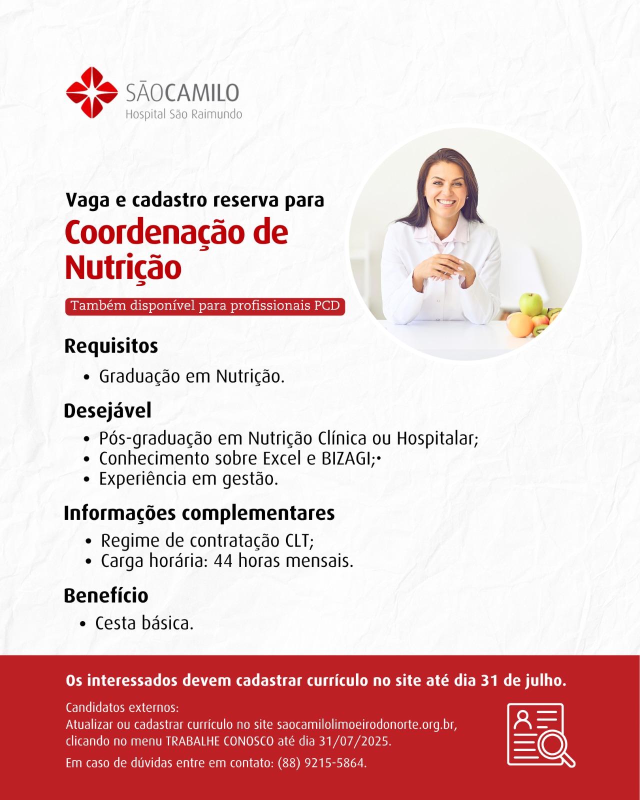 VAGA E CADASTRO RESERVA PARA COORDENAÇÃO DE NUTRIÇÃO