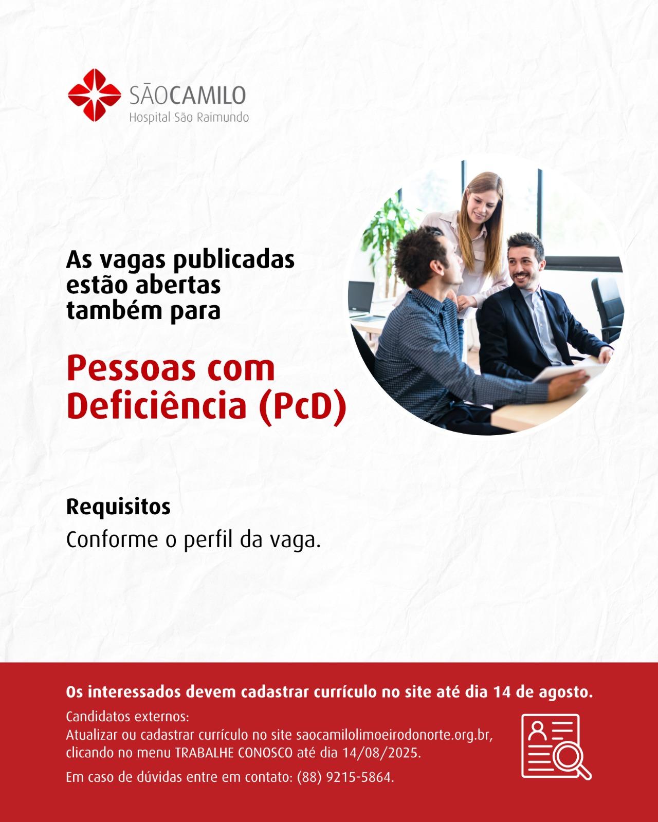 VAGAS E CADASTRO RESERVA PARA PESSOA COM DEFICIÊNCIA – PCD