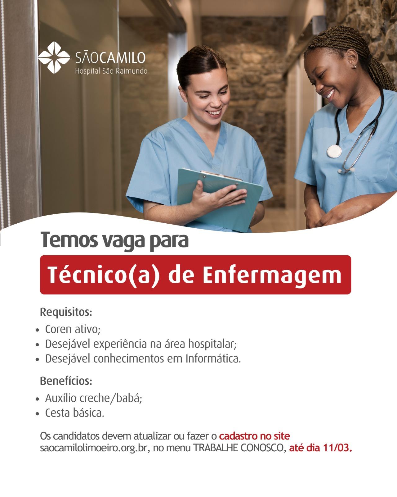 VAGAS PARA TÉCNICO(A) DE ENFERMAGEM