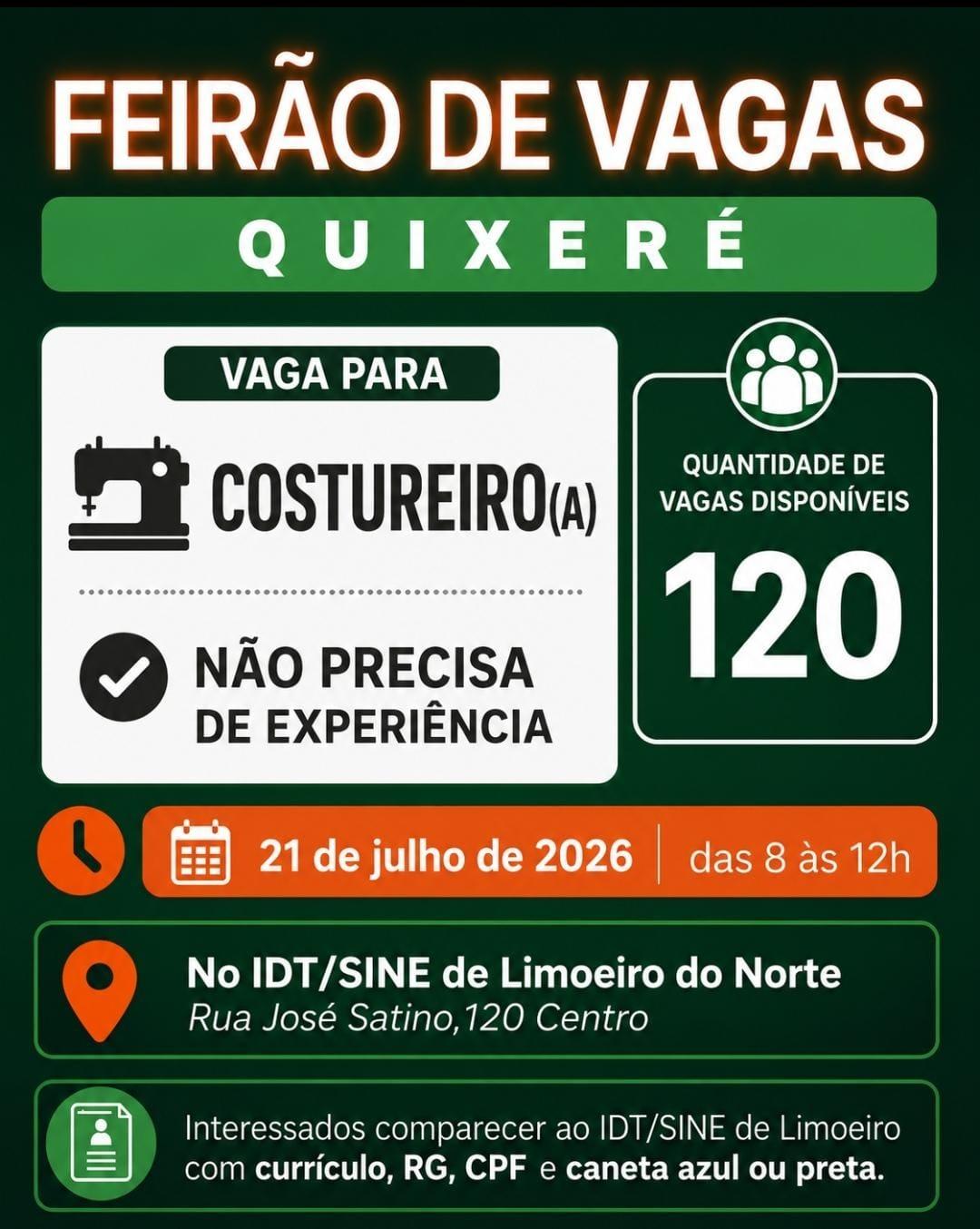 FEIRÃO DE VAGAS – 120 OPORTUNIDADES DE EMPREGO